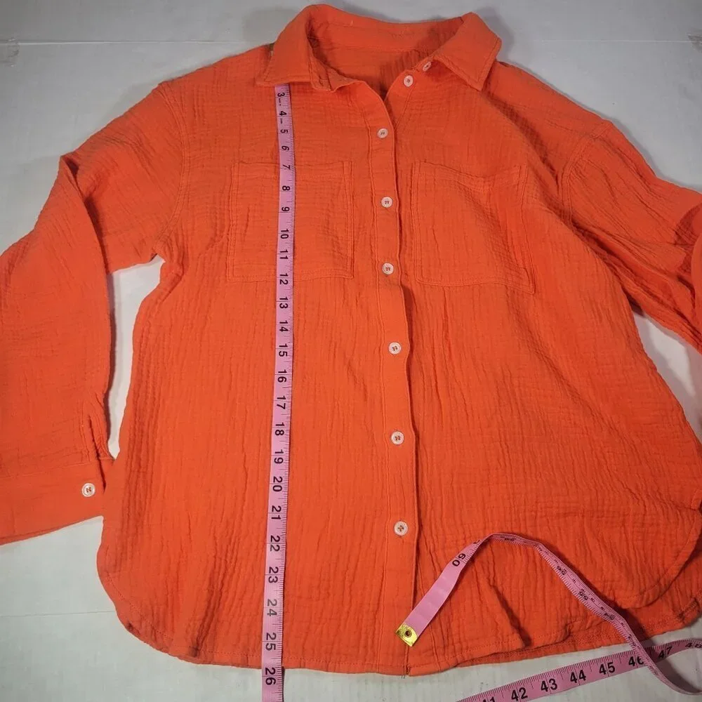 Women Orange Button-Up Shirt 100% Cotton Long Sleeve Collared Size M